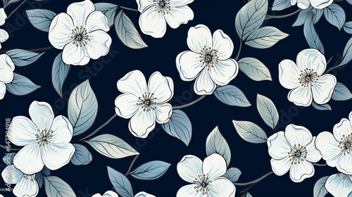 Delicate White Flowers and Green Leaves Adorned on an Indigo Background  Leaves  Flowers