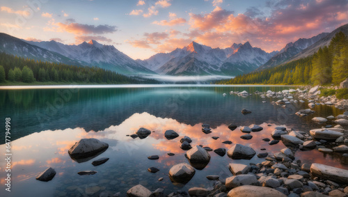 Explore the breathtaking beauty of a serene mountain lake at sunrise, capturing the tranquility and majesty of nature with a DSLR camera and a wide-angle lens.