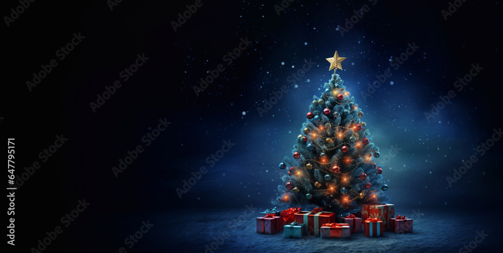 Christmas tree with decoration, presents and garland