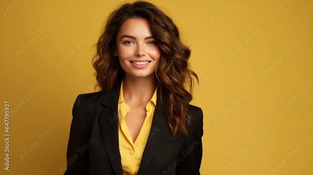 Portrait of smiling businesswoman in black suit over yellow background. Portrait of smiling businesswoman in black suit over yellow background.