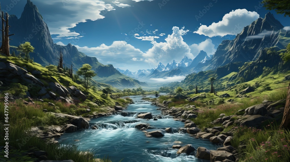 Serene Beauty: Exploring Majestic Landscapes of Mountains, Valleys, and Flowing Waters in Summer, generative AI
