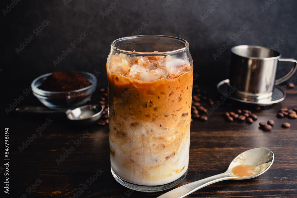 Vietnamese Yogurt Coffee (Sua Chua Cafe or Cà Phê Sữa) A glass of iced Vietnamese coffee with