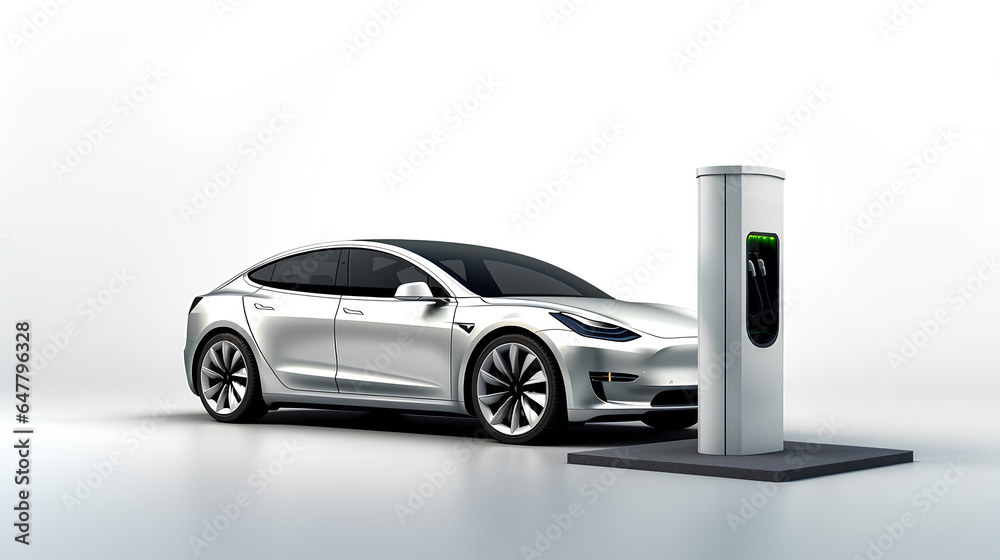 EV car with Electric charging station charger on build in wall at house. EV car with Electric charging station charger on build in wall at house.