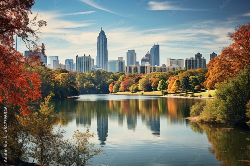 Autumn skyline of Atlanta, Georgia at Piedmont Park. Generative AI - obrazy, fototapety, plakaty 
