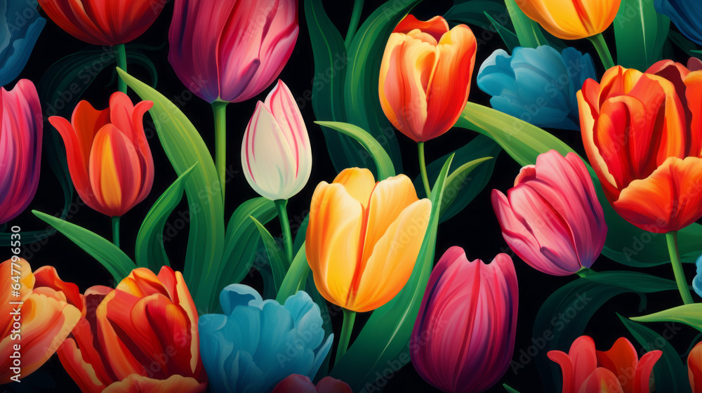 Tulip Tapestry in Full Bloom: A Vibrant and Enchanting Pattern Celebrating the Radiance of Tulips in All Their Glory Tulip Tapestry in Full Bloom: A Vibrant and Enchanting Pattern Celebrating the Radiance of Tulips in All Their Glory
