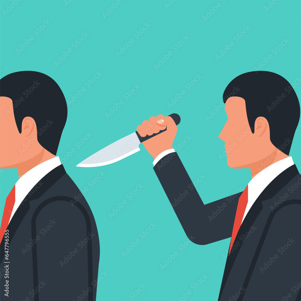 Knife in the back. Betrayal metaphor. Businessman traitor wants to stab