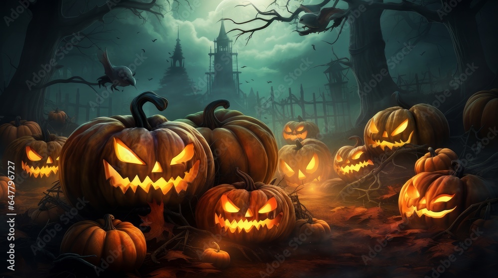 Jack O' Lanterns glowing in a fantastic night. Halloween background - obrazy, fototapety, plakaty 