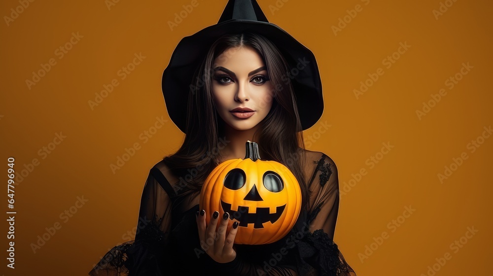 Sorceress woman in black costume and Halloween makeup holds pumpkin on yellow background