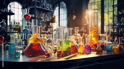 a chemistry laboratory with colorful solutions, glassware, and scientific equipment, symbolizing experimentation and innovation