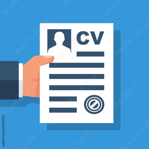 Resume in hand. Recruiter reviews a resume. Businessman looking for work. Employer recruitment resource. Vector illustration flat design. Isolated on background.
