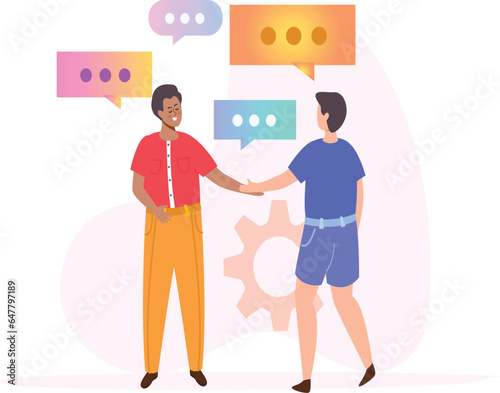 Business creativity and innovation merger to puzzle pieces gears coins chat bubbles and characters.