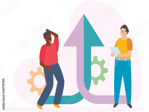 Business creativity and innovation merger to puzzle pieces gears coins chat bubbles and characters.