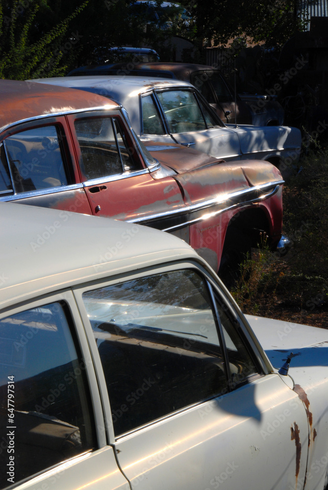 vintage cars in faded condition parking in a row at junk yard
