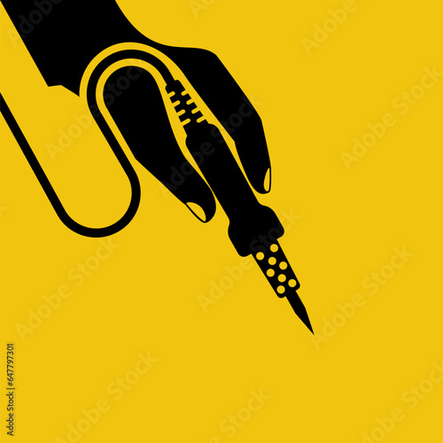 Soldering iron in hand man. Electronics repair concept. Calibration, diagnostics, checking, maintenance electronics, computer equipment. Service center, workshop banner template. Vector flat style.