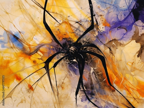 Abstract halloween spider painting in watercolor and acrylic photo