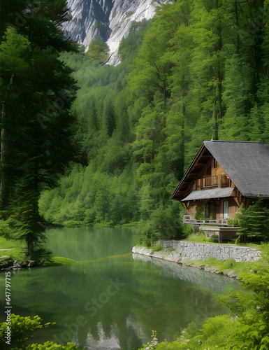 rustic beauty of an old mountain chalet, nestled in a dense forest and overlooking a tranquil lake. 