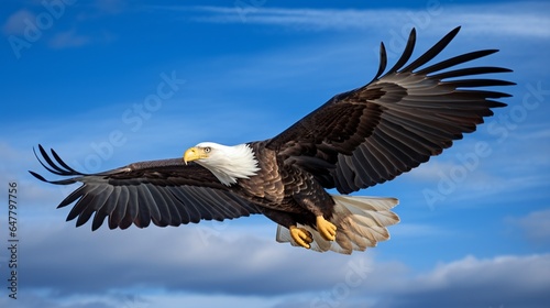 a graceful and powerful bald eagle soaring against a clear blue sky, symbolizing freedom and strength