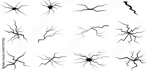 Cracks icon set. Vector isolated strike elements. Different shaped fractures. Crack from hit and crash on earth  ice  window. Set of simple black and white hits.