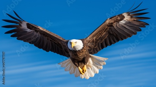 a graceful and powerful bald eagle soaring against a clear blue sky, symbolizing freedom and strength © Muhammad