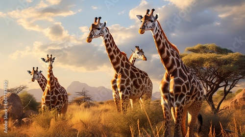 a group of giraffes gracefully grazing on treetop foliage in the African savannah  the epitome of elegance in nature