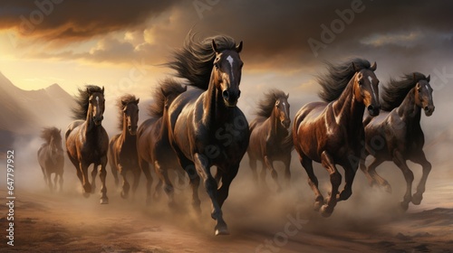 a herd of wild horses galloping freely across an expansive prairie, capturing the untamed spirit of these magnificent animals