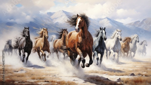 a herd of wild horses galloping freely across an expansive prairie, capturing the untamed spirit of these magnificent animals