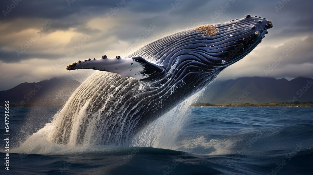 a magnificent humpback whale breaching the surface of the ocean, a ...
