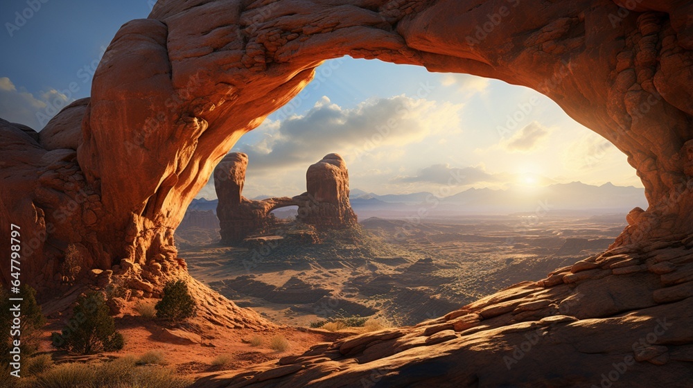 a majestic natural arch carved by erosion, framing a breathtaking view of a distant valley and horizon - obrazy, fototapety, plakaty 