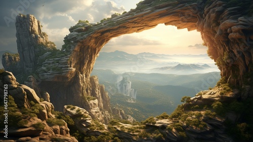 a majestic natural arch carved by erosion, framing a breathtaking view of a distant valley and horizon © Muhammad