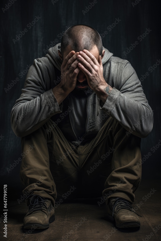 a sad man with his hands on his face. kneeling down. crying man. a sad man with his hands on his face. kneeling down. crying man.
