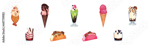 Sweet Ice Cream Dessert as Frozen Cool Summer Treat in Glass with Topping Vector Set