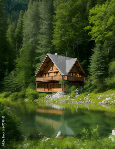 rustic beauty of an old mountain chalet, nestled in a dense forest and overlooking a tranquil lake. 