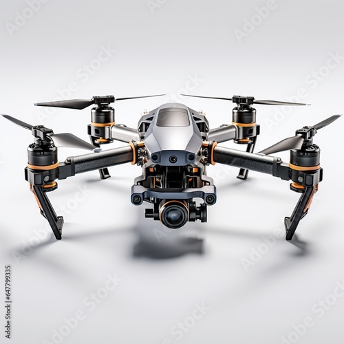 A flying helicopter with rised landing gears and a camera isolated on a white background. Includes clipping path, Generative ai	
 photo