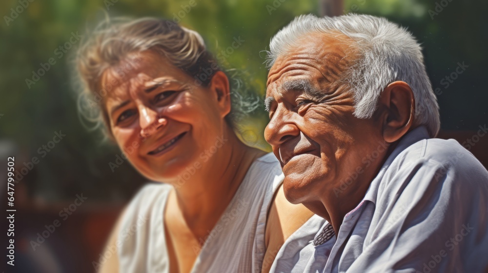 Smiling elderly people, woman and man, sitting on a sunny summer day, in park