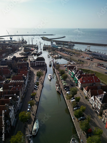 Aerial view of the city of Harlingen, at sunset in the IJsselmeer in the Netherlands.