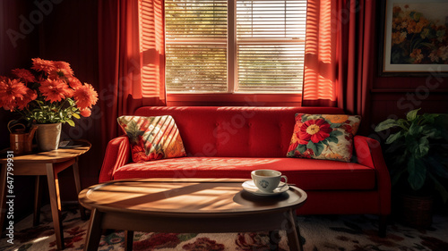 retro interior ,red sofa on carpet with red flower vase in cozy living room morning light through window.