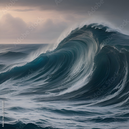 Photoreal dark ocean high waves background for web banner or backdrop. Hyper realistic painting. Generative AI.  © Arafatul