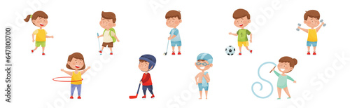 Happy Children Characters Playing Sport Game Vector Set