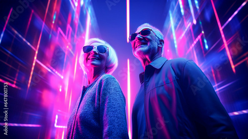 Modern Old Lady Women & Man Smiling with Sun Glasses on Pink & Blue Background. Neon Dark Stage Shows Empty Room: Neon Light, Spotlights, Dance Floor.