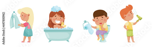 Kid Characters in the Bathroom Washing and Grooming Vector Set