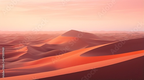 a vast desert dune field at sunrise  with shifting sands casting mesmerizing patterns and hues of orange and pink in the sky