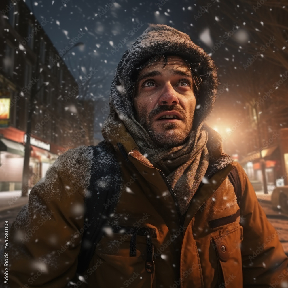 Obraz premium scared man well wrapped up falling snow
