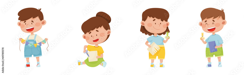 Happy Kid Characters Make Paper Applique Vector Set Happy Kid Characters Make Paper Applique Vector Set