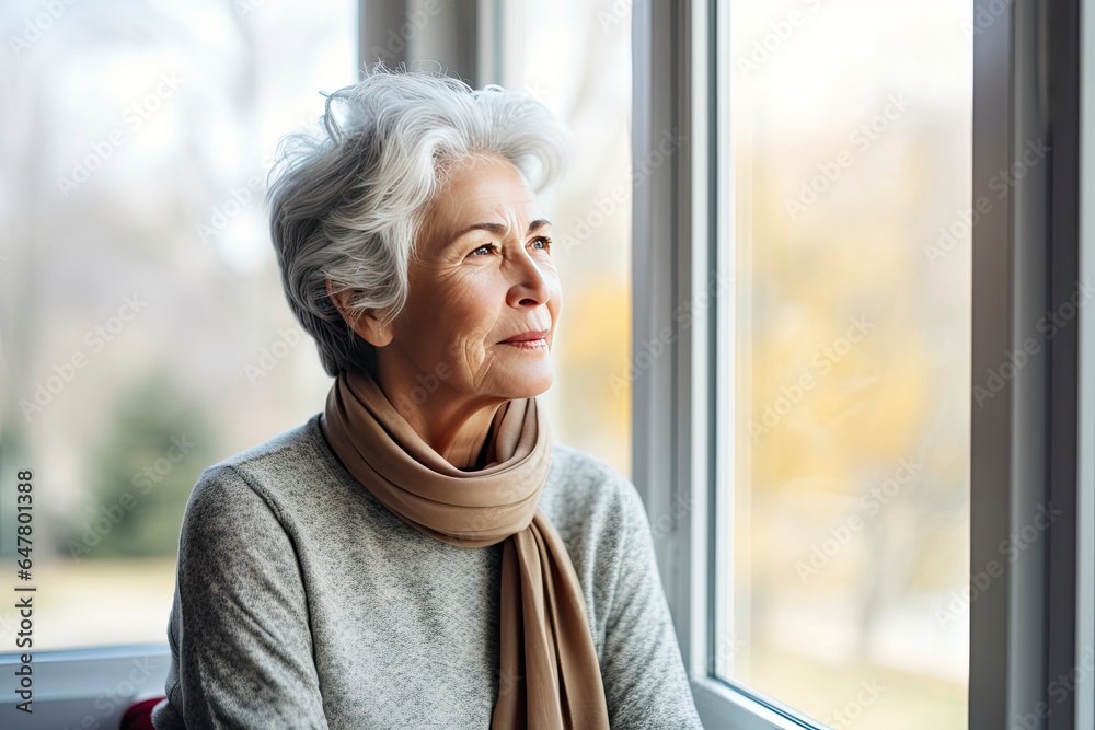A woman gazing through a window with a graceful scarf around her neck created with Generative AI technology A woman gazing through a window with a graceful scarf around her neck created with Generative AI technology