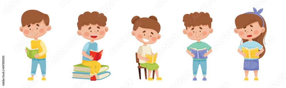 Children Characters Reading Book as Literature Fans Vector Set
