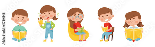 Children Characters Reading Book as Literature Fans Vector Set