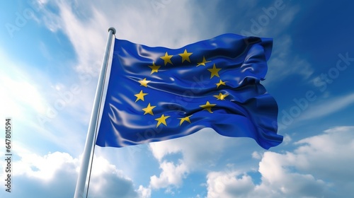 European flag fluttering in the wind against a clear blue sky with white fluffy clouds. High-quality, realistic image symbolizing European unity, values, and pride.