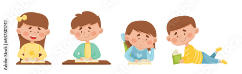 Children Characters Reading Book as Literature Fans Vector Set