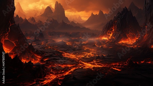 a volcanic landscape, with molten lava flowing from a volcano's crater and forming intricate patterns of cooling rock