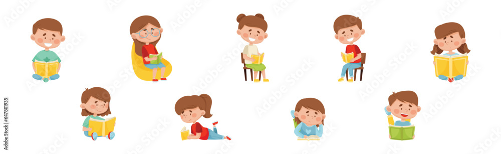 Children Characters Reading Book as Literature Fans Vector Set Children Characters Reading Book as Literature Fans Vector Set